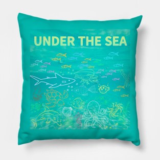 under the sea,blue sea,sea creatures,Turtle, puffer fish, starfish, shrimp, shark, tropical fish, sea horse, seaweed, sardines, squid, crabs, clams Pillow