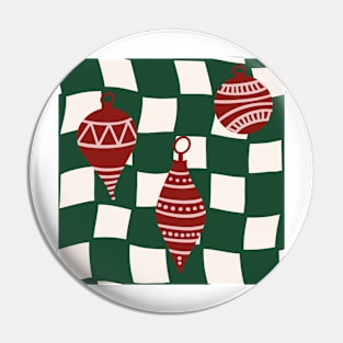 Abstract Checker Board with Christmas Tree Ornaments Cranberry Red and Forest Green Pin