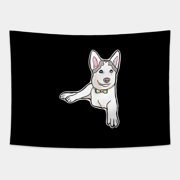 Adorable Three-Legged Tripod Husky Named Mochi with Rainbow Bow Tie Tapestry by Mochi Merch