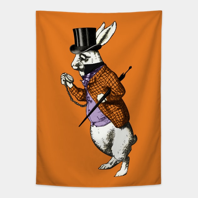 Halloween Wonderland White Rabbit Top Hat Pocketwatch Tapestry by Pixelchicken