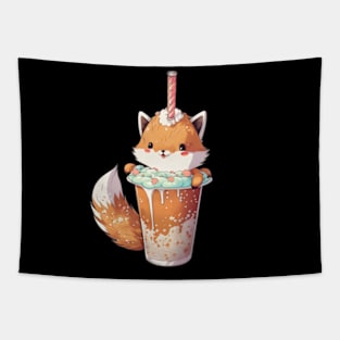 Kawaii Fox Drinks Boba Bubble Tea Anime Tapestry