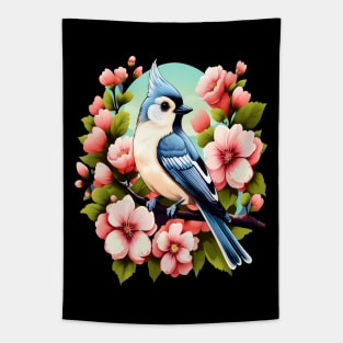 Cute Tufted Titmouse Surrounded by Vibrant Spring Flowers Tapestry