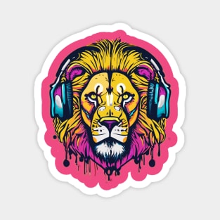 t-shirt design, colorful lion with headphones on, graffiti art Magnet