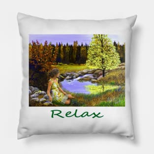 Woman girl seated by forest pond zen yoga buddhism Pillow