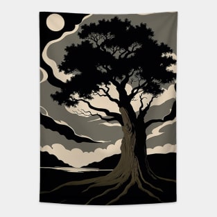 Lone Oak Tree Growing in a Dark Field Tapestry