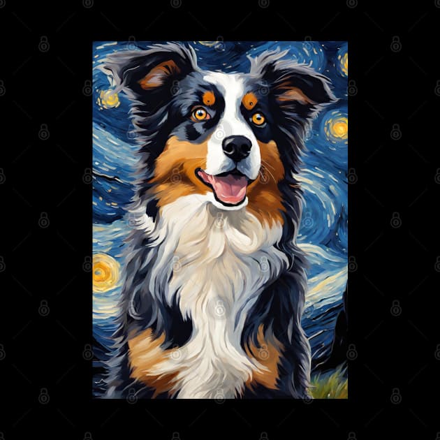 Cute Australian Shepherd Dog Breed Painting in a Van Gogh Starry Night Art Style by Art-Jiyuu