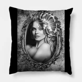 black and white portrait digital illustration beautiful artwork Pillow