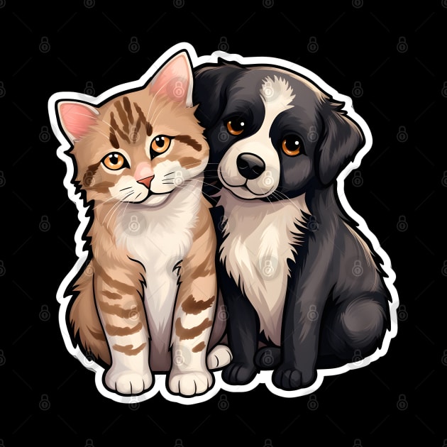 Cute Ginger Tabby Cat and Black and White Puppy Buddies by AIHRGDesign