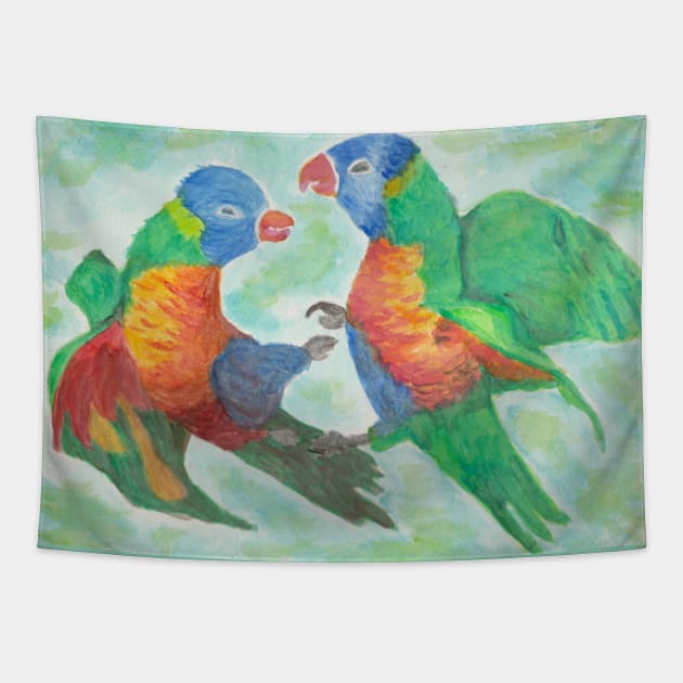 Colorfull parrots fight Tapestry by Ezhael