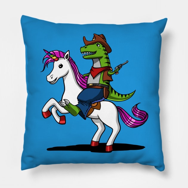 T-Rex Dinosaur Cowboy Riding Magical Unicorn Pillow by underheaven