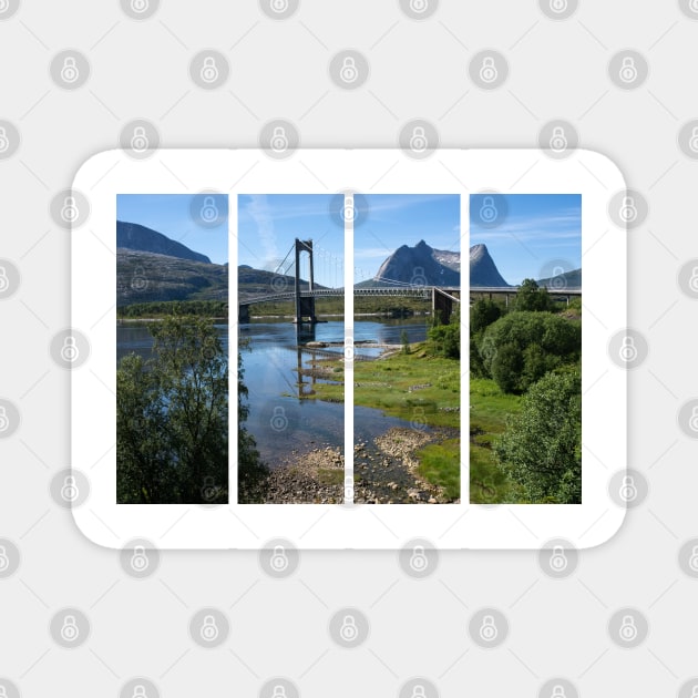 Wonderful landscapes in Norway. Nordland. Beautiful scenery of Kjerringstraumen Bru (Efjord bridges) on the Efjorden. Another planet background. It is located in Narvik municipality. Magnet by fabbroni-art