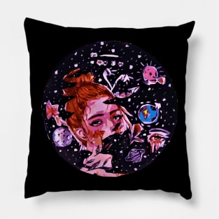 tired eyes feminist woman lost in her own universe with the pain and exhaustion of existence Pillow