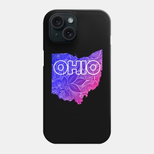 Colorful mandala art map of Ohio with text in blue and violet Phone Case