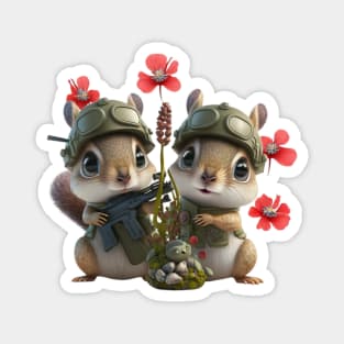 The brave squirrel soldier with a weapon, flowers, and helmet Magnet