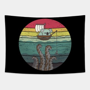 Funny Cute Fishing Koala Retro Sunset Distressed Vintage Rainbow Colors Tapestry