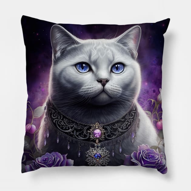 Beautiful White British Shorthair Cat Pillow by Enchanted Reverie