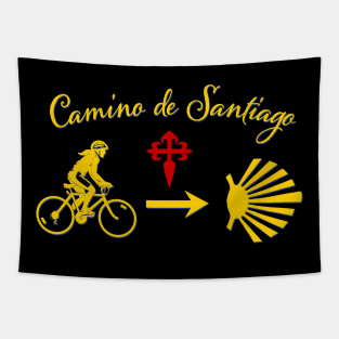 Camino de Santiago Typography Woman Riding a Bicycle Yellow Arrow Scallop Shell Red Cross Tapestry