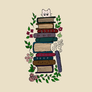 BOOKISH CAT AND FLOWERS T-Shirt