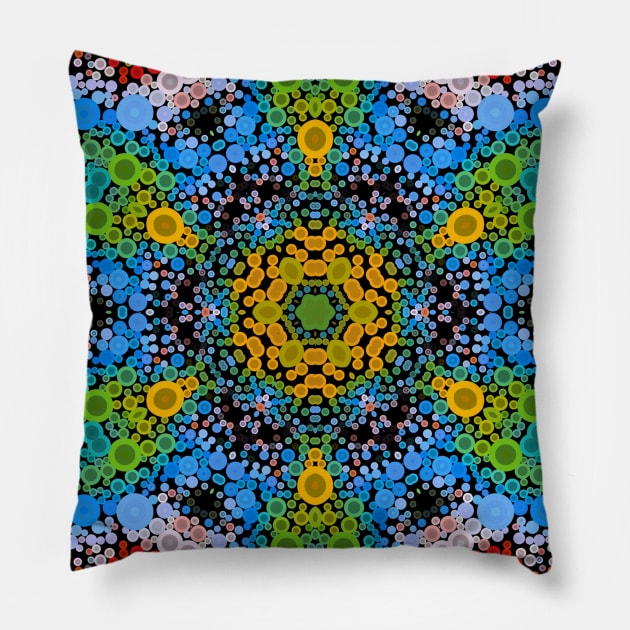 Dot Mandala Flower Yellow Blue and Green Pillow by WormholeOrbital