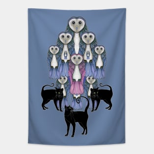 Blue Owls and Black Cats Tapestry