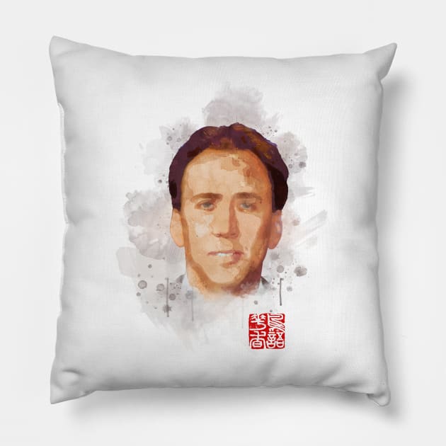 Nicolas Cage Watercolor Pillow by Soriagk