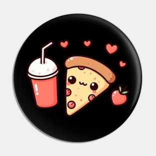 Pepperoni Pizza Slice with Milkshake and Hearts | Kawaii Style Food Art Pin