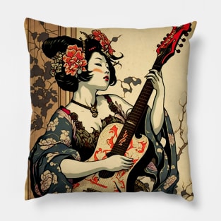 Traditional Japanese Geisha Playing Guitar Pillow