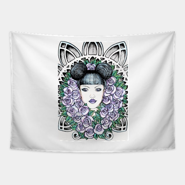 Purple Gothic Beauty In Roses Chruch Windows Tapestry by stickypixie