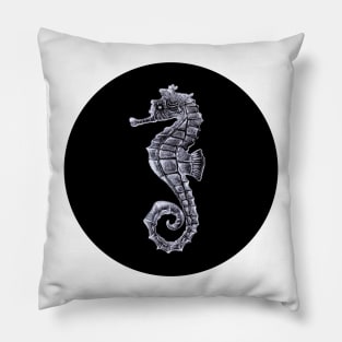 Silver Seahorse on Black Pillow