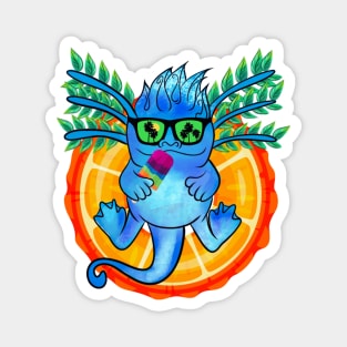 Kawaii Ice Blue Axolotl Jasper Vinyl Die Cut Sticker with Leafy Mane, Rainbow Popsicle, and Palm Tree Reflection Magnet