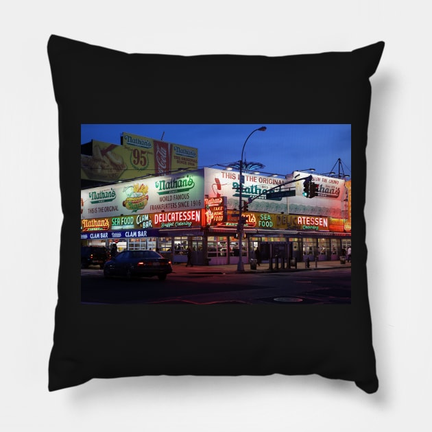 Nathan's famous hot dogs kiosk in Coney Island, at dusk Pillow by Reinvention