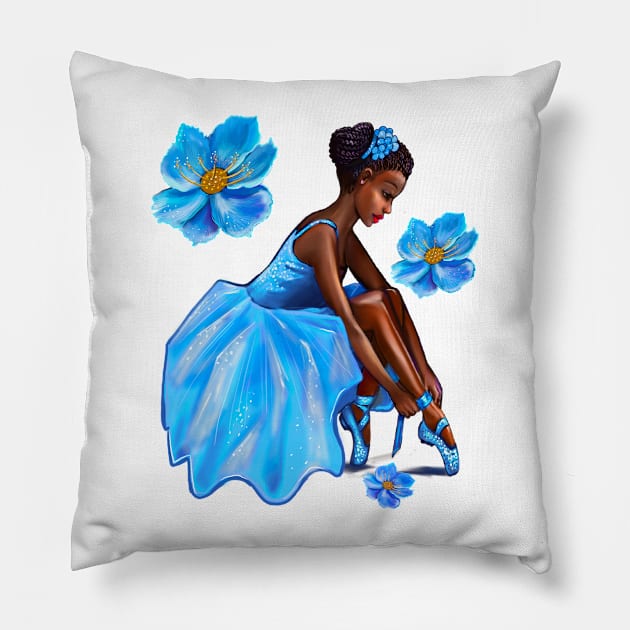 Dance Ballet blue flowers Queen Black is beautiful African American Ballerina Dancer Dancing Pillow by Artonmytee