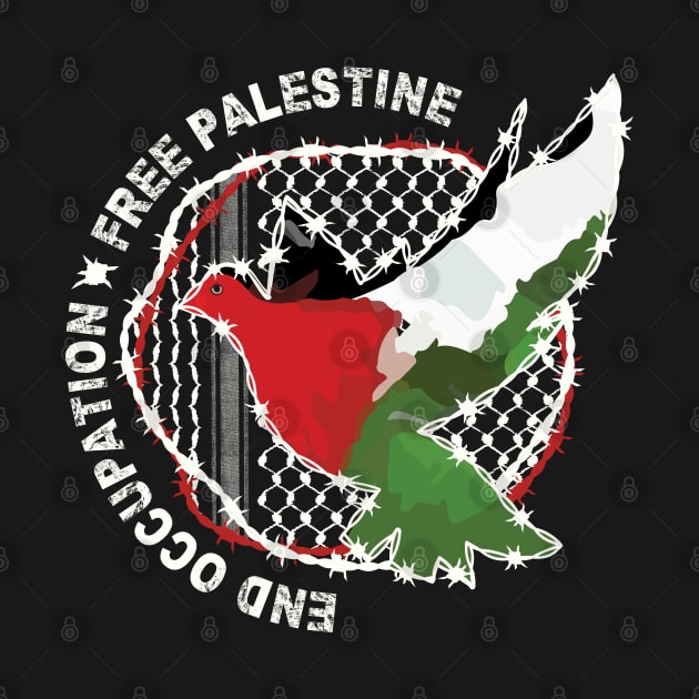 End Occupation Free Palestine with Palestinian Arabic Kufiya Hatta Pattern -wht by QualiTshirt