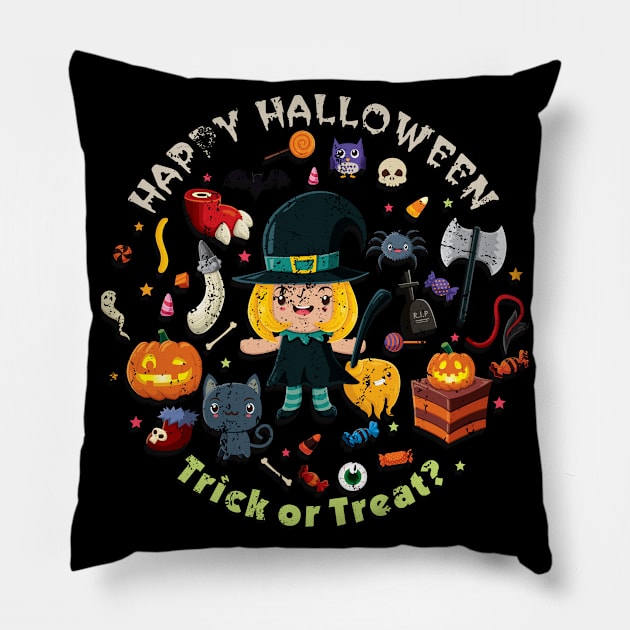 Kids Happy Halloween Trick or Treat Witch Pillow by The Lucid Frog