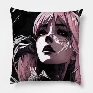 Intriguing Intensity: Immersive Black and White Anime Girl Artwork Goth Gothic Fashion Dark Pink Hair Pillow