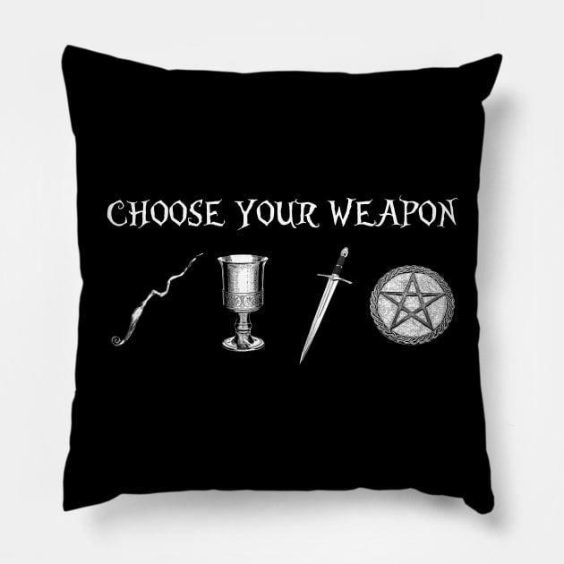 Choose Your Weapon - Wand, Cup, Sword, Pentagram (Black and White VARIANT) Pillow by Occult Designs