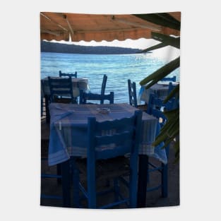 Scenic view on Mediterranean sea from Greek restaurant with blue chairs Tapestry