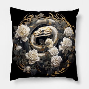 Snake And Roses Black And Gold Ouroboros Pillow