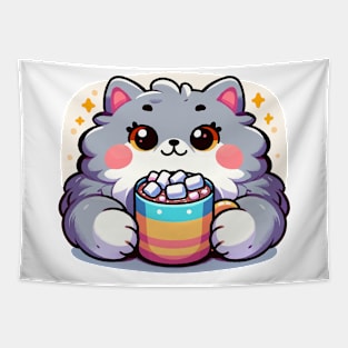 Fluffy grey cat drinking hot chocolate Tapestry