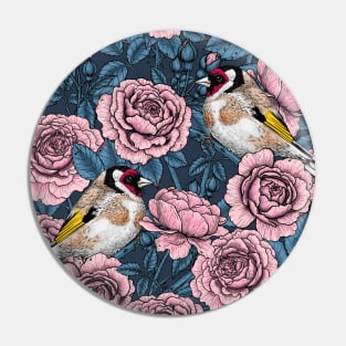 Pink Rose flowers and goldfinch birds Pin