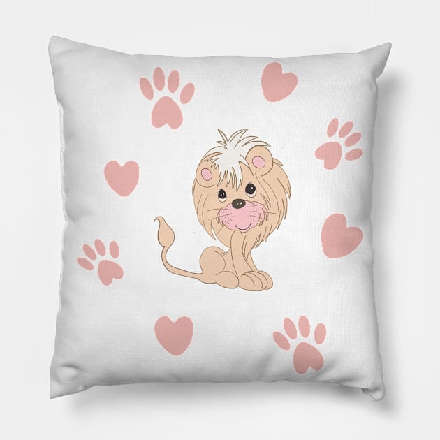 Cute Lion Cub with Paw Prints and Hearts Pillow by Orchyd