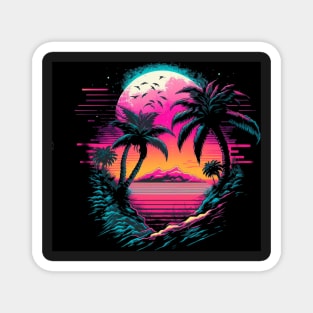 Retro sunset with palm trees and mysterious island Magnet