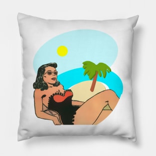 Brunette girl in sunglasses on the beach Pillow