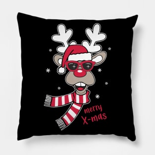 Reindeer Funny Merry X-Mas Christmas Cartoon Style Pillow