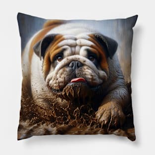 English Bulldog Playing in the Mud Pillow