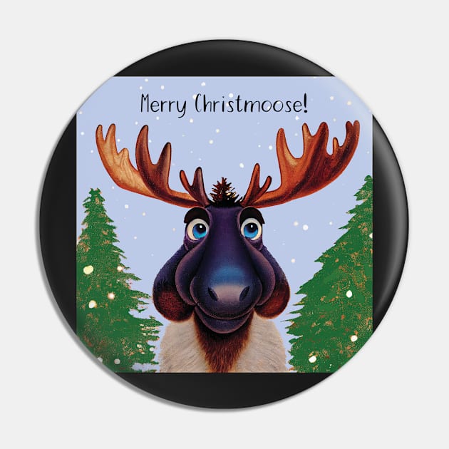 Merry Christmoose - Christmas Moose in the snow in blue and green Pin by Geminiartstudio