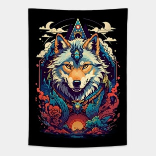 Wolf retro vintage tribal art design Tapestry