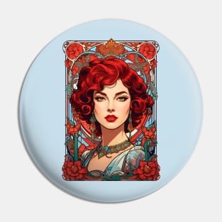 Bohemian Red Haired woman retro vintage floral design Pin