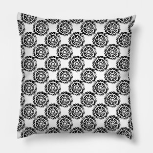 Linocut mandala pattern black on white Pillow