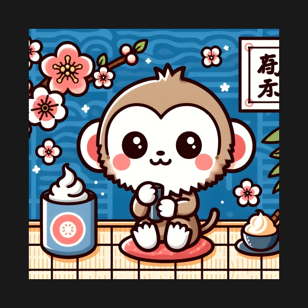 Cute Little Flower Monkey Drinking Tea and Eating Ice Cream Japanese Classic Art by Pokoyo.mans@gmail.com